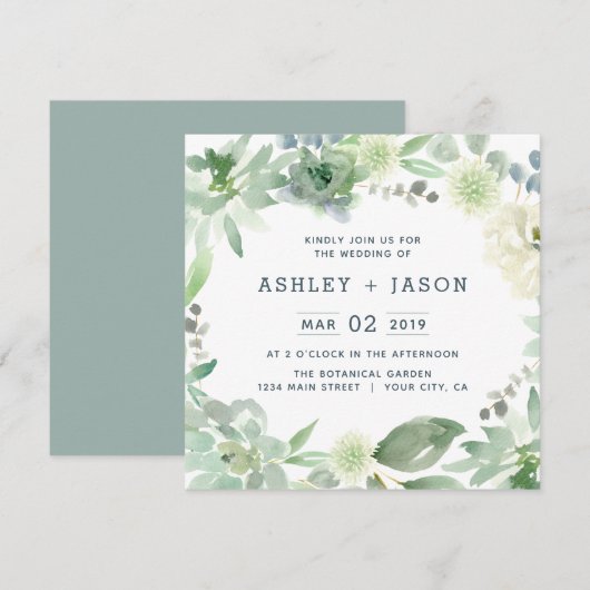 Floral Succulents Square Wedding Invitation Kaart (Voorkant / Achterkant)