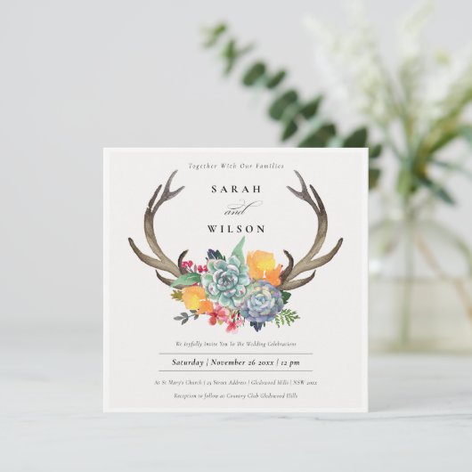 FLORAL SUCCULTION ANTLER BOHEMIAN ALLURE WEDING KAART (Staand voorkant)