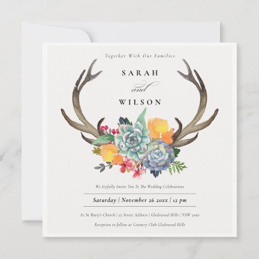 FLORAL SUCCULTION ANTLER BOHEMIAN ALLURE WEDING KAART (Voorkant)