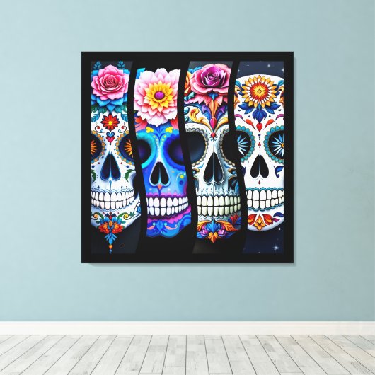 Floral Sugar Skull  Canvas Afdruk (Insitu (Houten vloer))