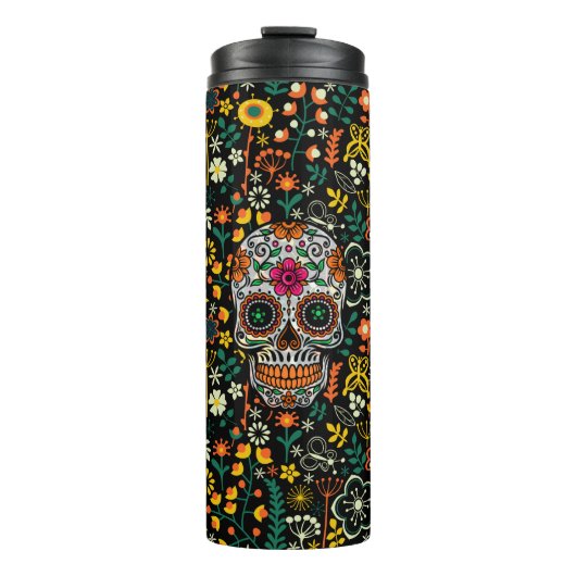 Floral Sugar Skull & Colorful Flowers Pattern Thermosbeker (Voorkant)