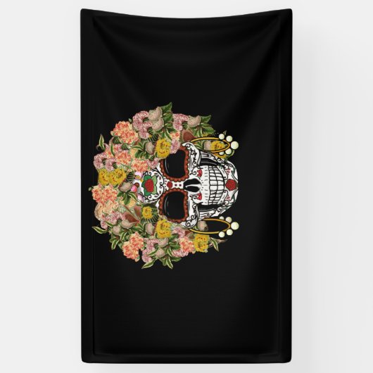 Floral Sugar Skull Day of the Dead Dia De Muertos Spandoek (Verticaal)