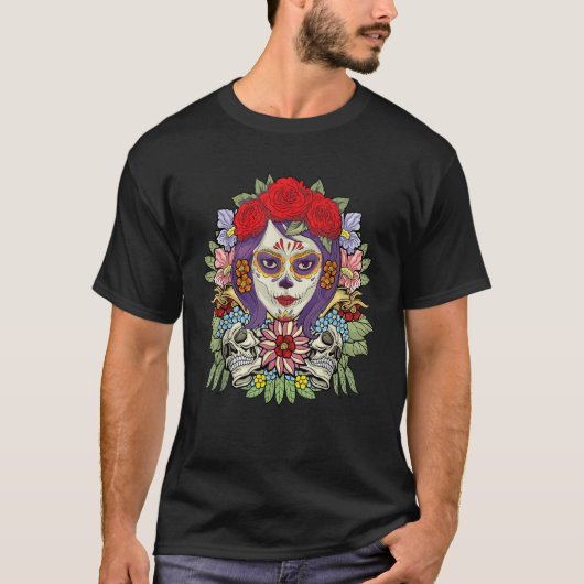 Floral Sugar Skull Dia De Muertos Women T-shirt (Voorkant)