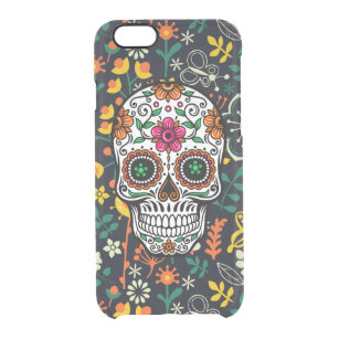Floral Sugar Skull met Retro Flowers achtergrond Doorzichtig iPhone 6/6S Hoesje