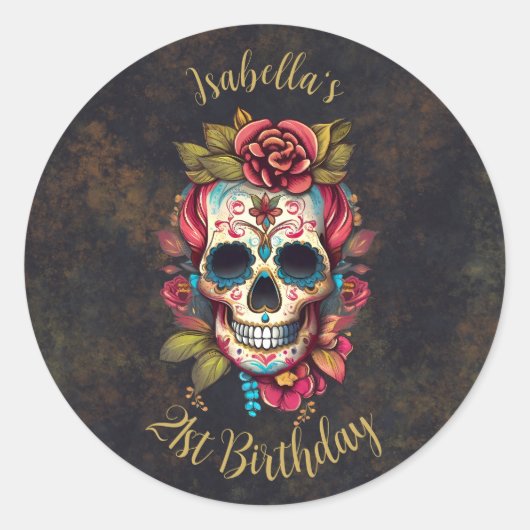 Floral Sugar Skull Milestone Verjaardag Ronde Sticker (Voorkant)