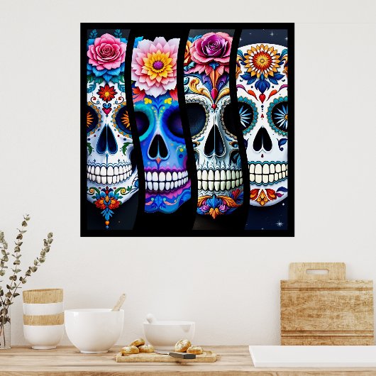 Floral Sugar Skull  Poster (Keuken)