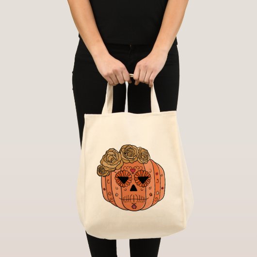 Floral Sugar Skull Pumpkin Face Tote Bag (Voorkant (product))