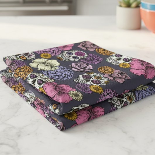 Floral Sugar Skulls Dia de los Muertos Theedoek