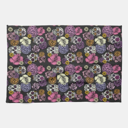 Floral Sugar Skulls Dia de los Muertos Theedoek (Horizontaal)