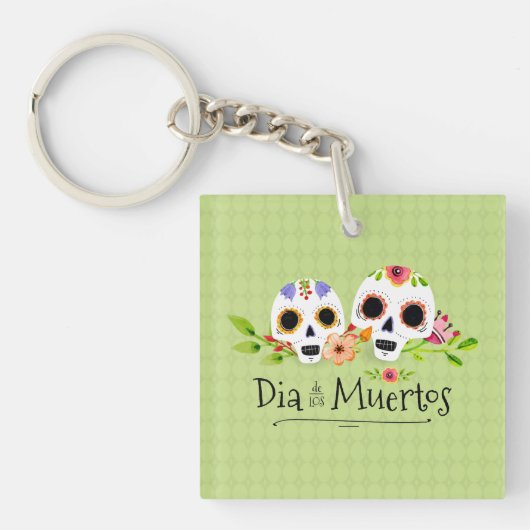 Floral Sugar Skulls Dia de Muertos | Button Sleute Sleutelhanger (Voorkant)