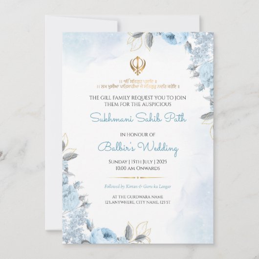 Floral Sukhmani Sahib Path Wedding Invitation Card Kaart (Voorkant)