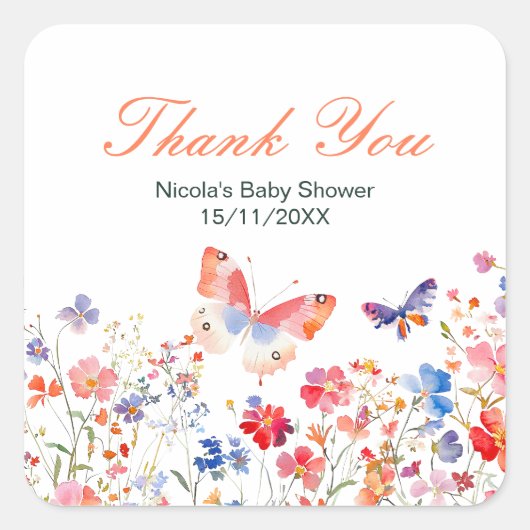 Floral Summer Butterfly Baby Shower Vierkante Sticker (Voorkant)