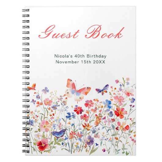 Floral Summer Butterfly Birthday Party Guest Book Notitieboek (Voorkant)