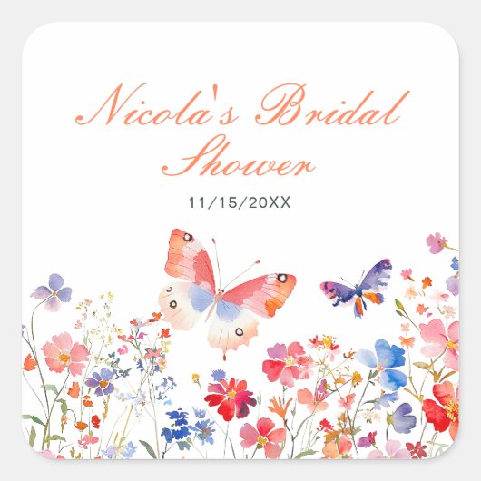 Floral Summer Butterfly Bridal Shower Vierkante Sticker (Voorkant)