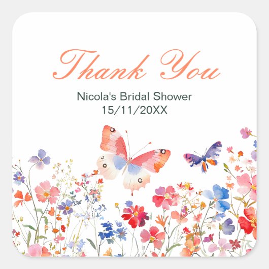 Floral Summer Butterfly Bridal Shower Vierkante Sticker (Voorkant)