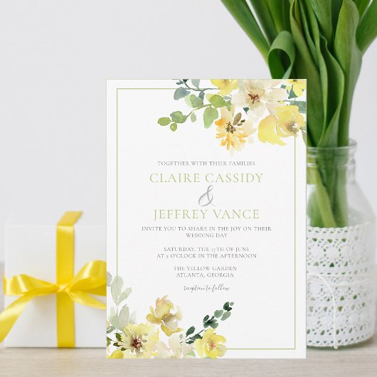 Floral Summer Wedding Yellow Sage Green Waterverf Kaart