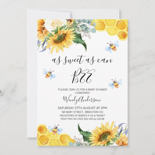Floral Sunflower Bee Baby shower Invitation Kaart (Voorkant)