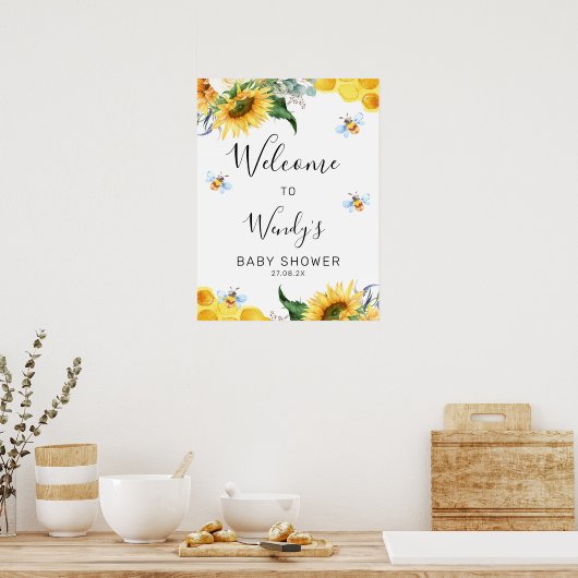 Floral Sunflower Bee Baby shower Welkomstteken Poster (Keuken)