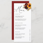 Floral Sunflower Burgundy Fall Wedding Reception Menu (Voorkant / Achterkant)