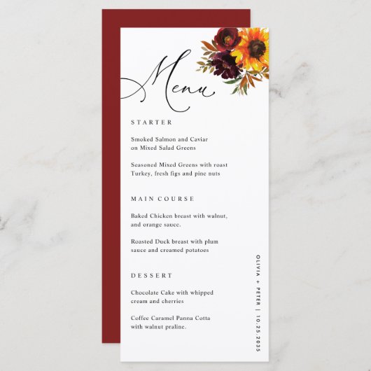 Floral Sunflower Burgundy Fall Wedding Reception Menu (Voorkant / Achterkant)