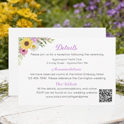 Floral Sunflower Daisy Garden Wedding Details Informatiekaartje