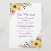 Floral Sunflower Daisy Just Married Wedding Kaart (Voorkant)