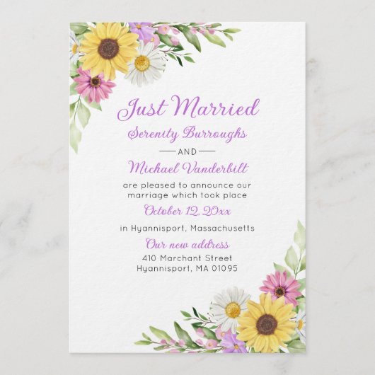 Floral Sunflower Daisy Just Married Wedding Kaart (Voorkant)