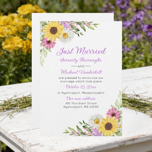 Floral Sunflower Daisy Just Married Wedding Kaart