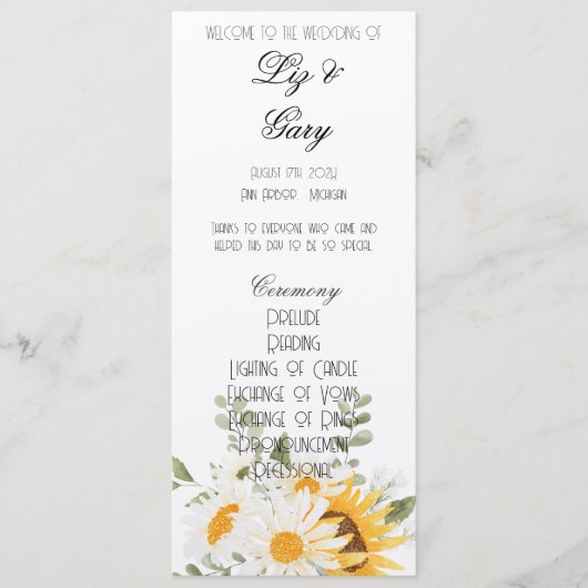 Floral Sunflower & Daisy Programma Programmakaart (Voorkant)