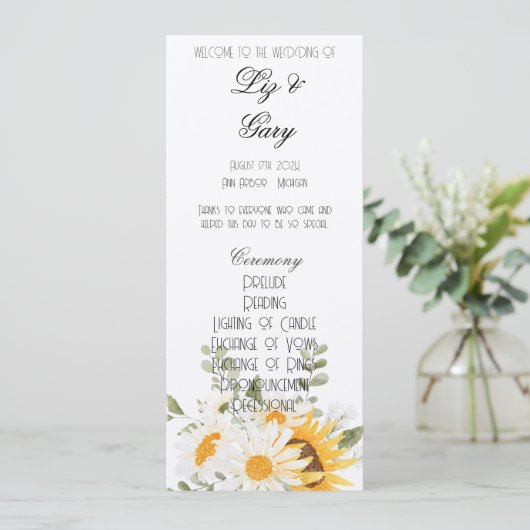 Floral Sunflower & Daisy Programma Programmakaart (Staand voorkant)