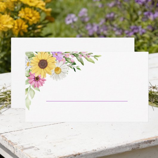 Floral Sunflower Daisy Purple Wildflower Wedding Plaatskaartje