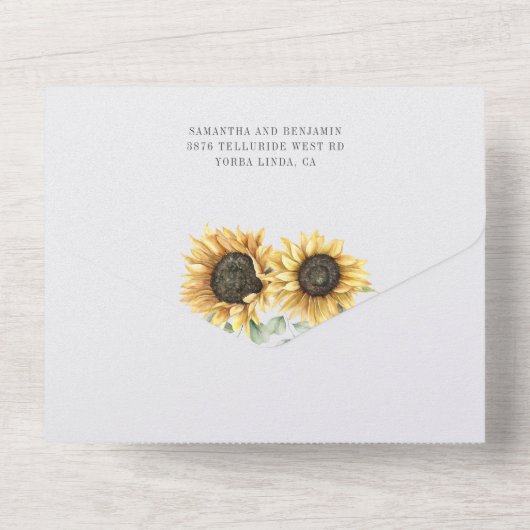 Floral Sunflower Eucalyptus Foliage Weddenschap All In One Uitnodiging (Achterkant)