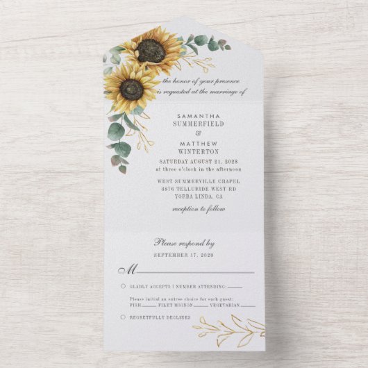 Floral Sunflower Eucalyptus Foliage Weddenschap All In One Uitnodiging (Binnen)