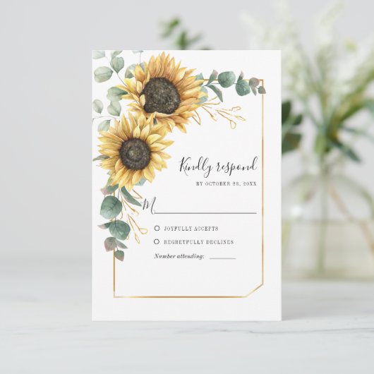 Floral Sunflower Eucalyptus Geometric Greenery RSVP Kaartje (Staand voorkant)