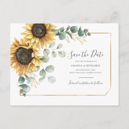 Floral Sunflower Eucalyptus Geometric Save Date Aankondigingskaart (Voorkant)