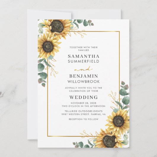 Floral Sunflower Eucalyptus Geometric Wedding Kaart (Voorkant)