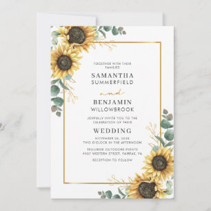 Floral Sunflower Eucalyptus Geometric Wedding Kaart