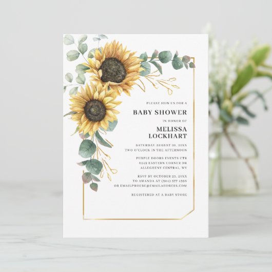 Floral Sunflower Eucalyptus Greenery Baby shower Kaart (Staand voorkant)