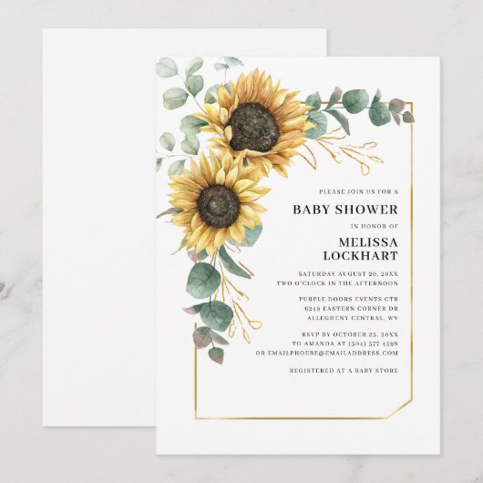 Floral Sunflower Eucalyptus Greenery Baby shower Kaart (Voorkant / Achterkant)