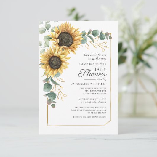 Floral Sunflower Eucalyptus Greenery Baby shower Kaart (Staand voorkant)