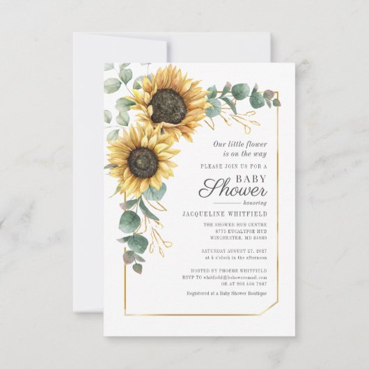 Floral Sunflower Eucalyptus Greenery Baby shower Kaart (Achterkant)