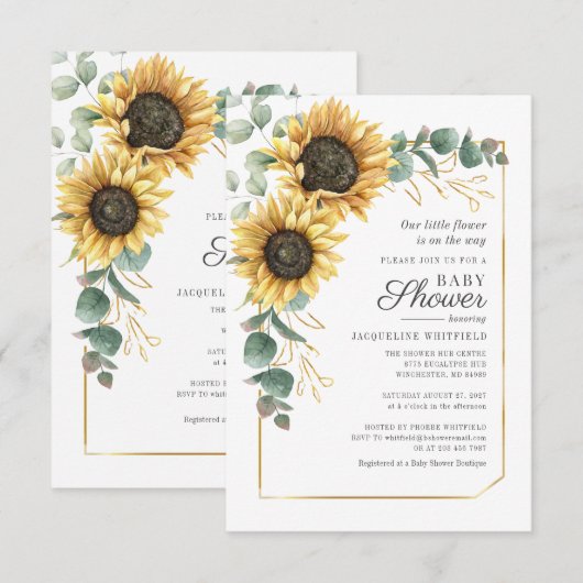 Floral Sunflower Eucalyptus Greenery Baby shower Kaart (Voorkant / Achterkant)