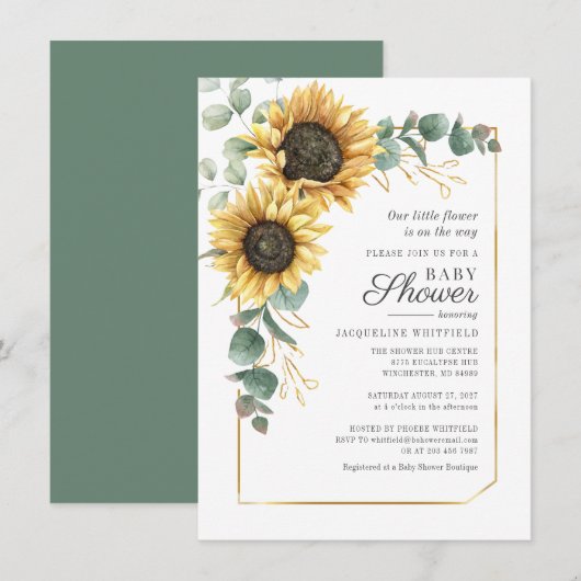 Floral Sunflower Eucalyptus Greenery Baby shower Kaart (Voorkant / Achterkant)