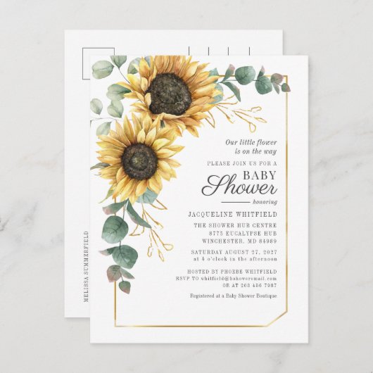 Floral Sunflower Eucalyptus Greenery Baby shower Uitnodiging Briefkaart (Voorkant / Achterkant)