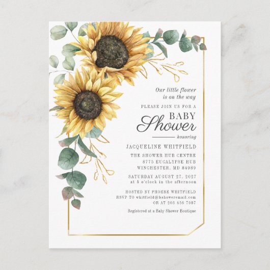Floral Sunflower Eucalyptus Greenery Baby shower Uitnodiging Briefkaart (Voorkant)