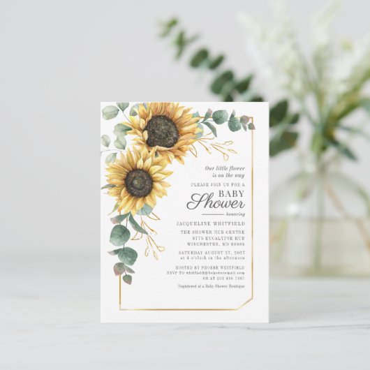 Floral Sunflower Eucalyptus Greenery Baby shower Uitnodiging Briefkaart (Staand voorkant)
