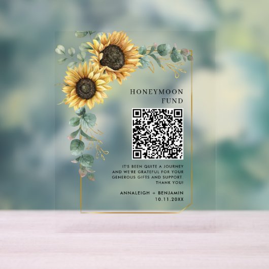 Floral Sunflower Eucalyptus Honeymoon Fund QR-code Acryl Bord (Neutraal)
