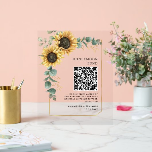 Floral Sunflower Eucalyptus Honeymoon Fund QR-code Acryl Bord (Huwelijk)