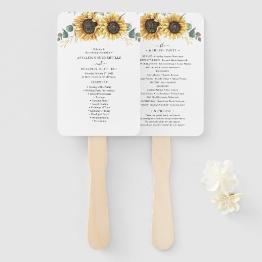 Floral Sunflower Eucalyptus Leaves Wedding Program Handwaaier (Voorkant en achterkant)