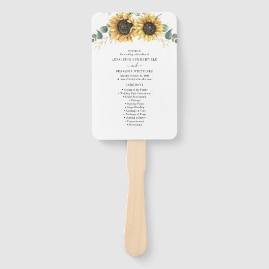 Floral Sunflower Eucalyptus Leaves Wedding Program Handwaaier (Voorkant)